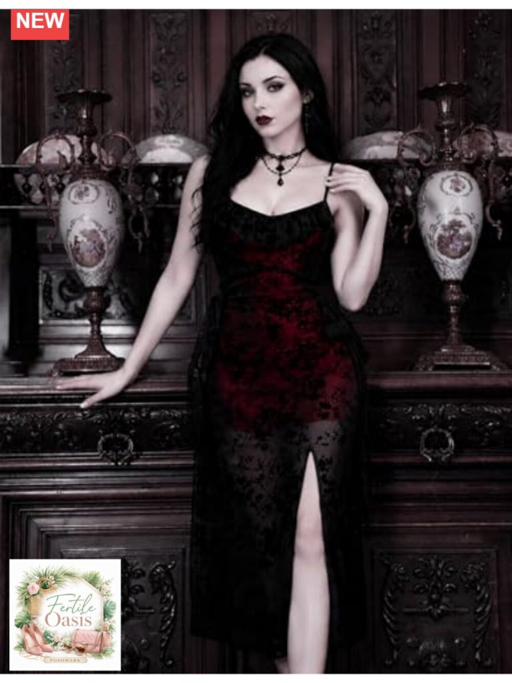 Victorian Gothic Dress Black Red Floral Lace Vampire Goth Dress - Picture 4 of 6